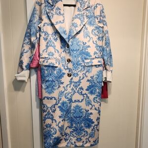 Blue Floral Print Long Blazer Coat